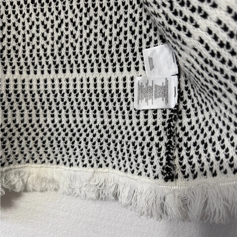KASPER‎ Black White Stripe Knit Open  Front Cardigan Sweater Small Fringe Hem